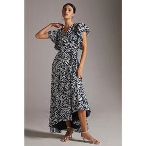 Anthropologie Hutch Ruffle Printed Wrap Maxi Dress Size XXS Blue White Flowy